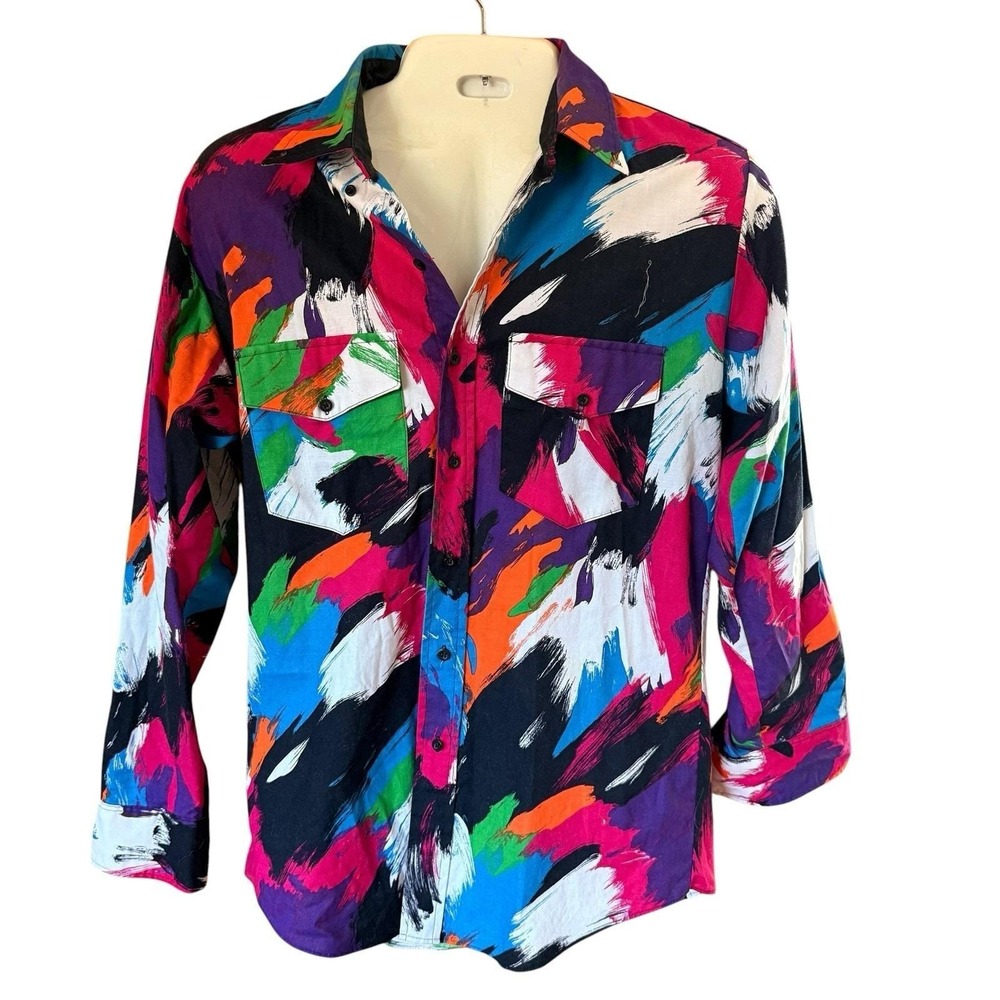 Vintage Roper Men Western Button Up Shirt L Paint Splash Print Abstract Colorful